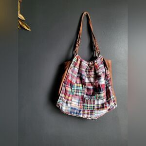 Brooks Brothers Plaid Leather trim Shoulder Bag Tote 15x14